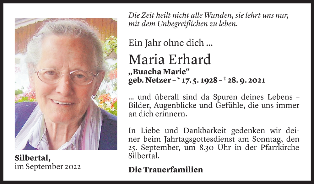  Todesanzeige für Maria Erhard vom 23.09.2022 aus Vorarlberger Nachrichten