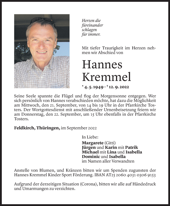 Todesanzeige von Hannes Kremmel von Vorarlberger Nachrichten