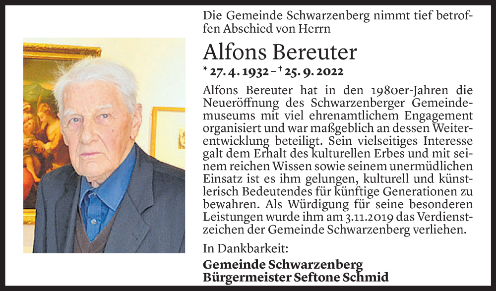  Todesanzeige für Alfons Bereuter vom 26.09.2022 aus Vorarlberger Nachrichten