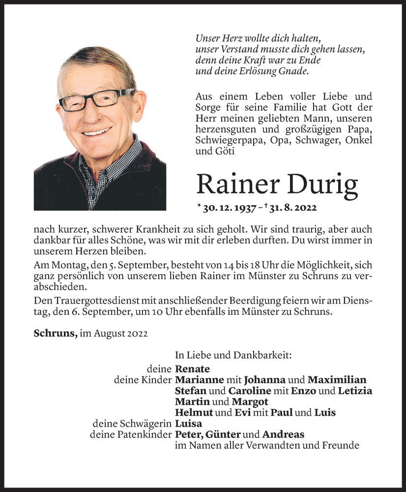 Todesanzeige für Rainer Durig vom 02.09.2022 aus Vorarlberger Nachrichten