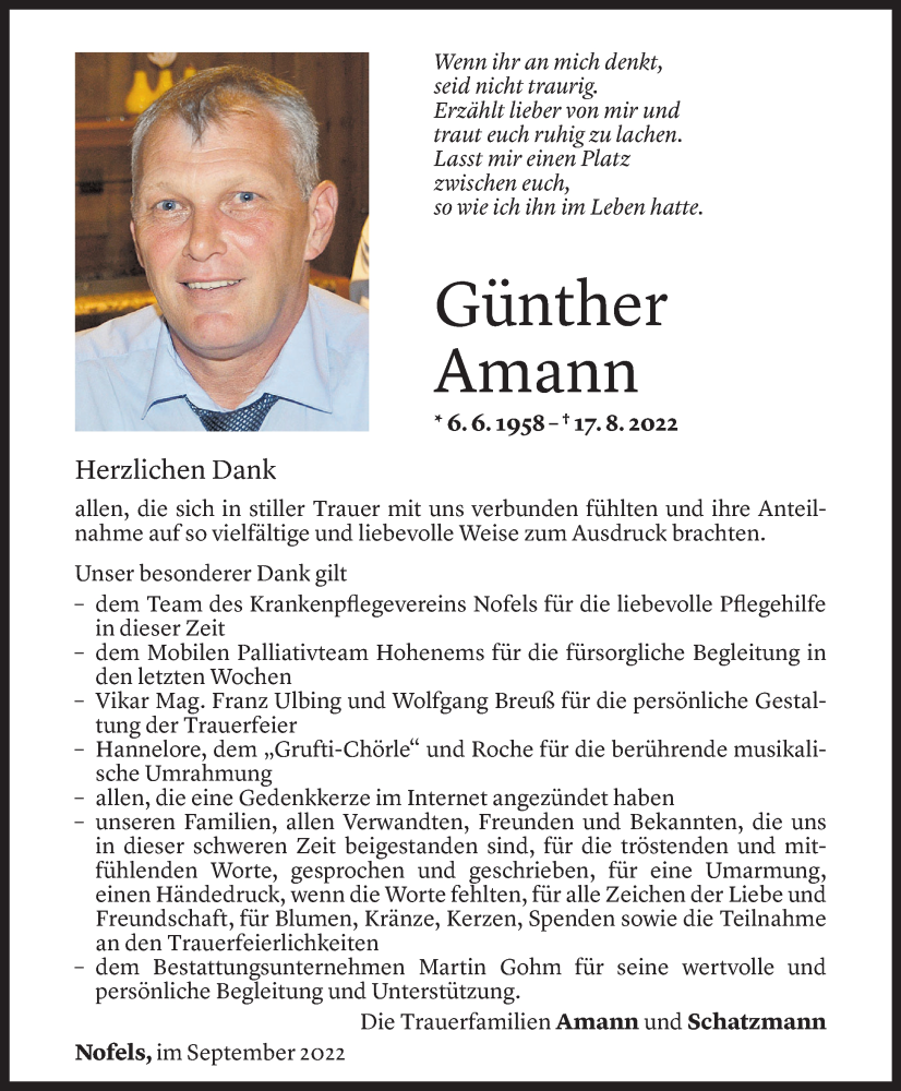  Todesanzeige für Günther Amann vom 09.09.2022 aus Vorarlberger Nachrichten