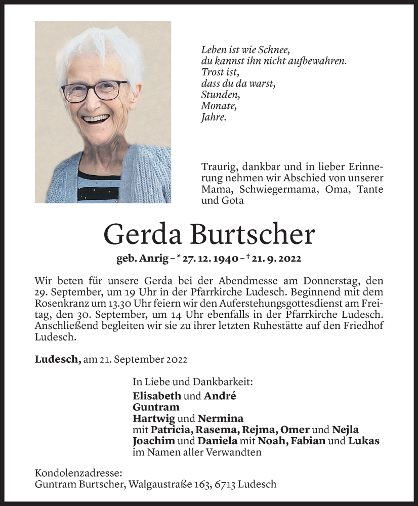  Todesanzeige für Gerda Burtscher vom 24.09.2022 aus Vorarlberger Nachrichten