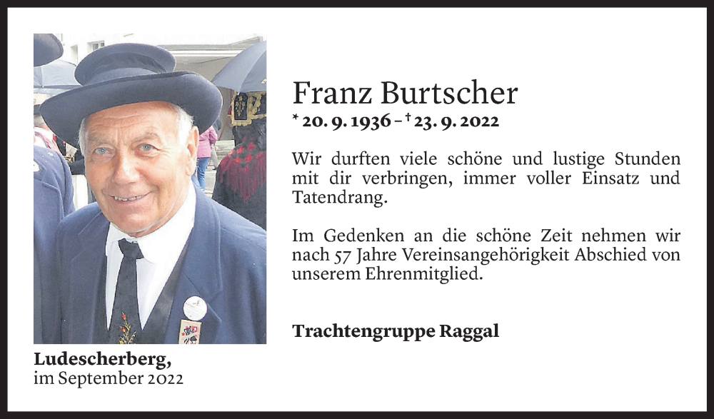  Todesanzeige für Franz Burtscher vom 27.09.2022 aus Vorarlberger Nachrichten