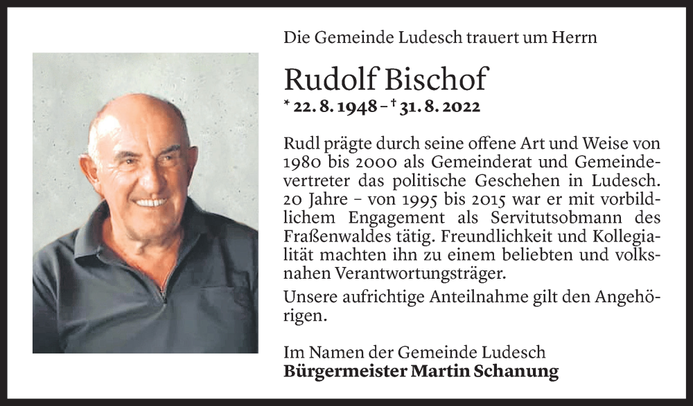  Todesanzeige für Rudolf Bischof vom 02.09.2022 aus Vorarlberger Nachrichten