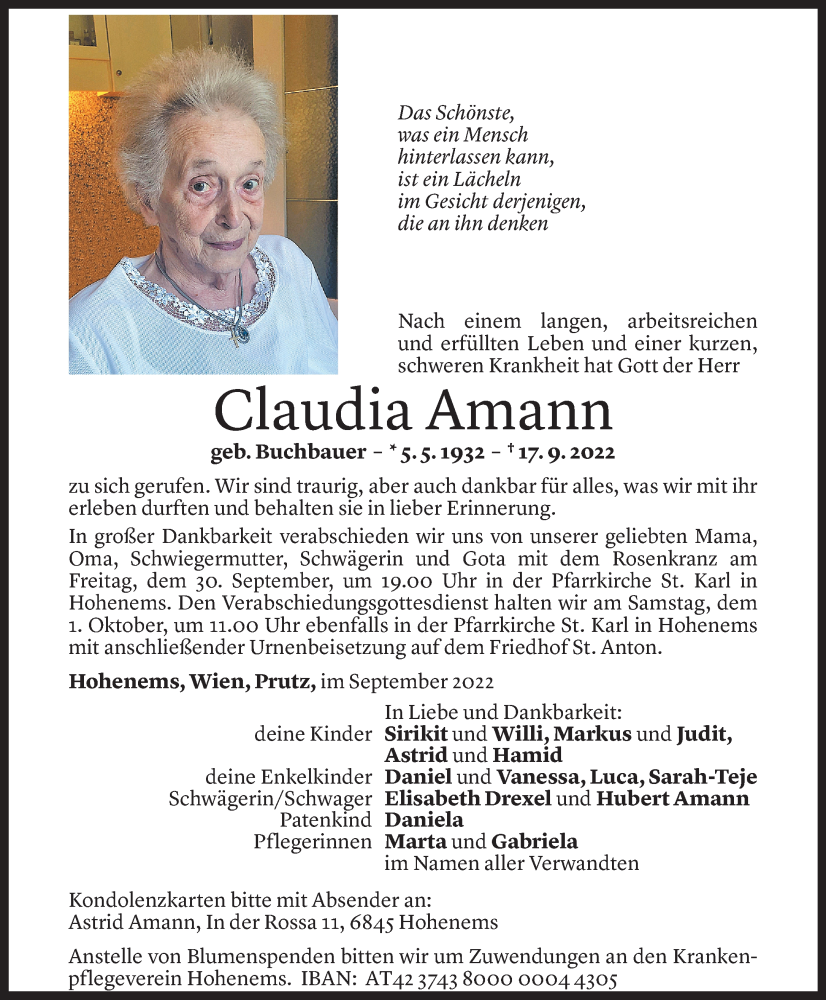  Todesanzeige für Claudia Amann vom 27.09.2022 aus Vorarlberger Nachrichten