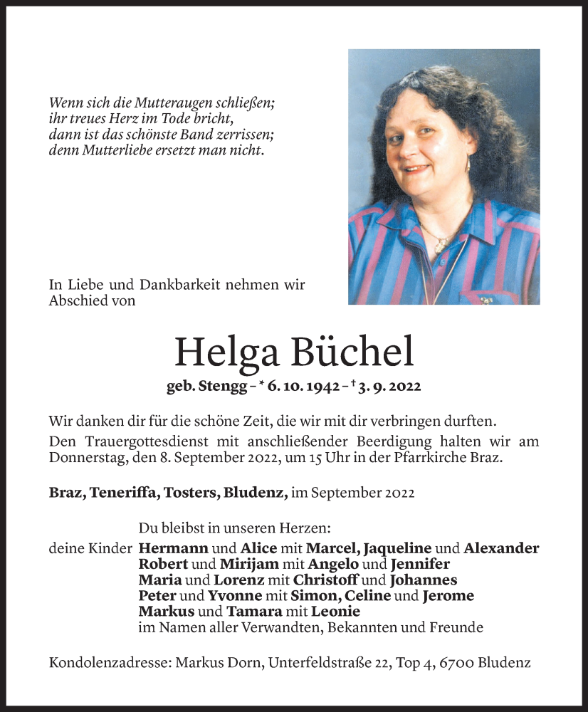  Todesanzeige für Helga Büchel vom 05.09.2022 aus Vorarlberger Nachrichten