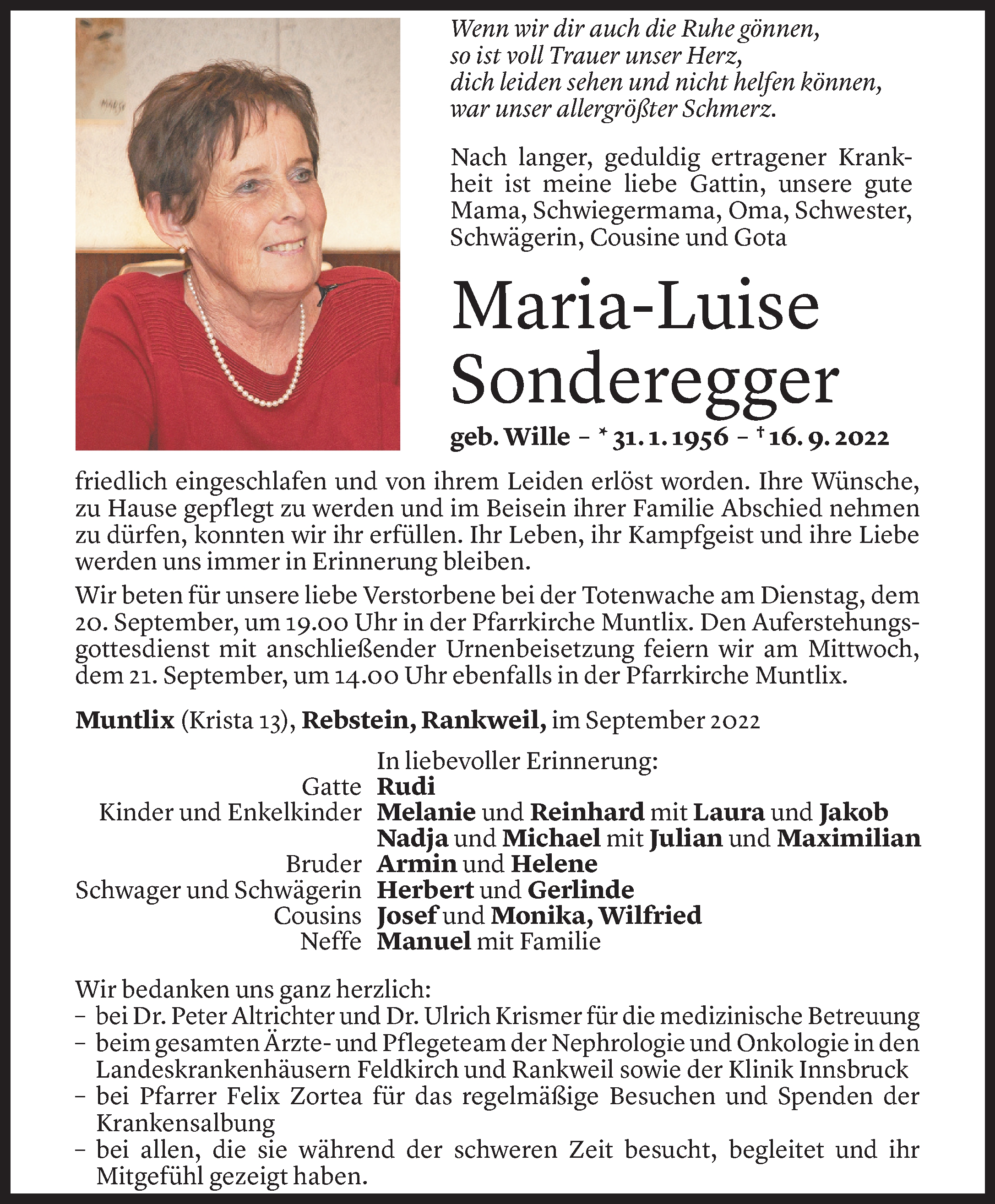 Todesanzeige von Maria-Luise Sonderegger von Vorarlberger Nachrichten
