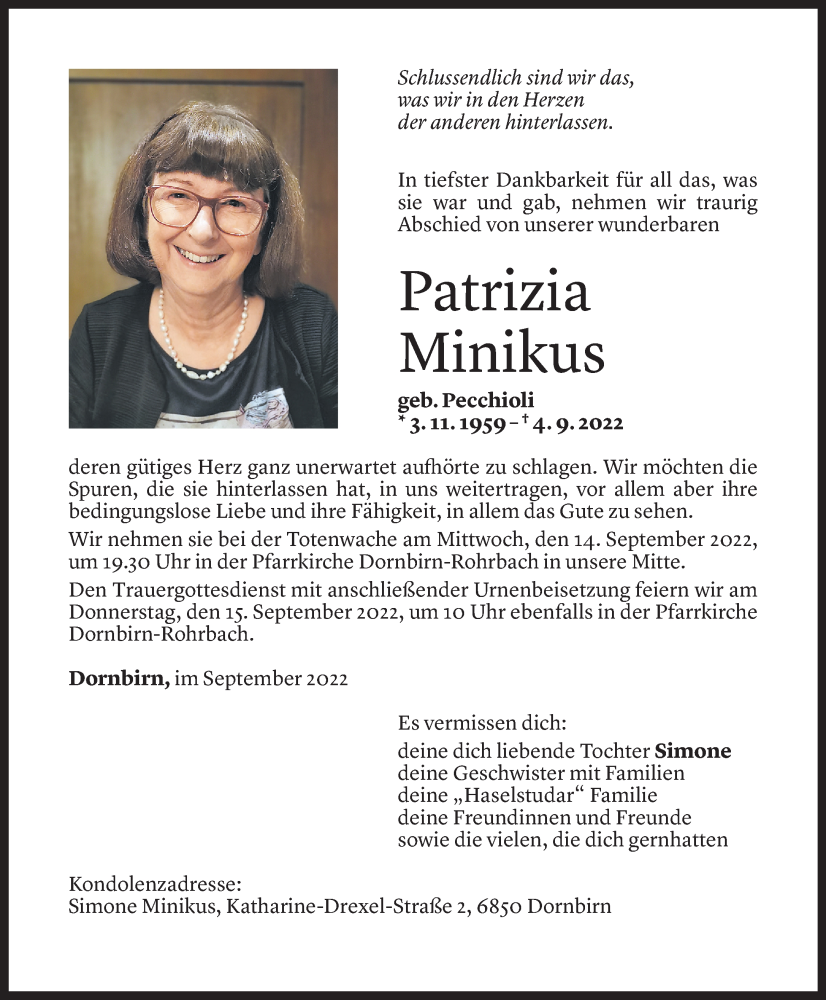  Todesanzeige für Patrizia Minikus vom 09.09.2022 aus Vorarlberger Nachrichten
