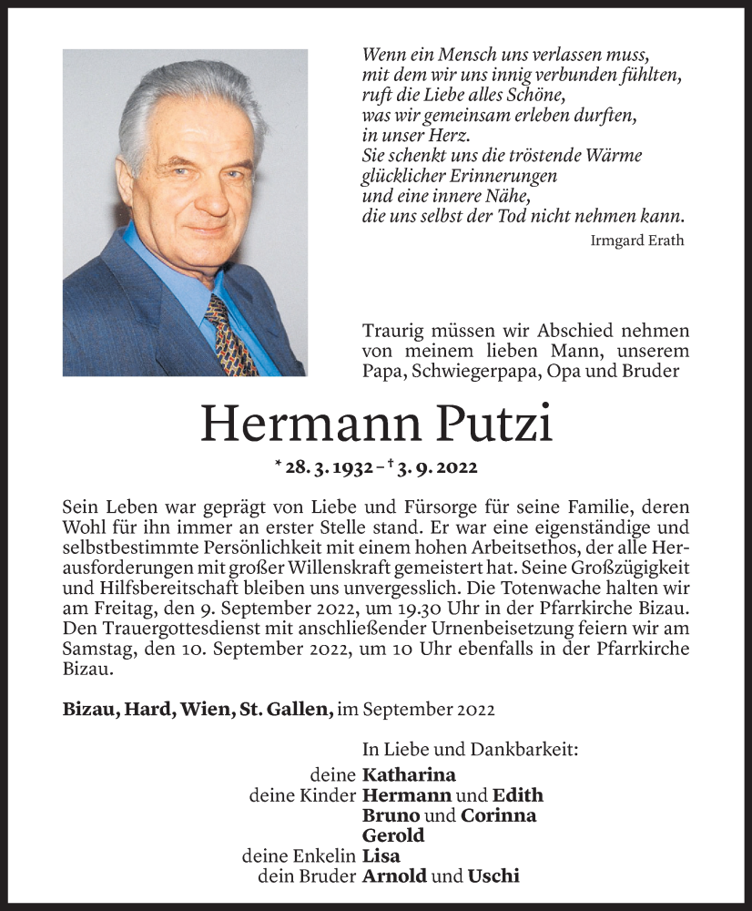  Todesanzeige für Hermann Putzi vom 07.09.2022 aus Vorarlberger Nachrichten