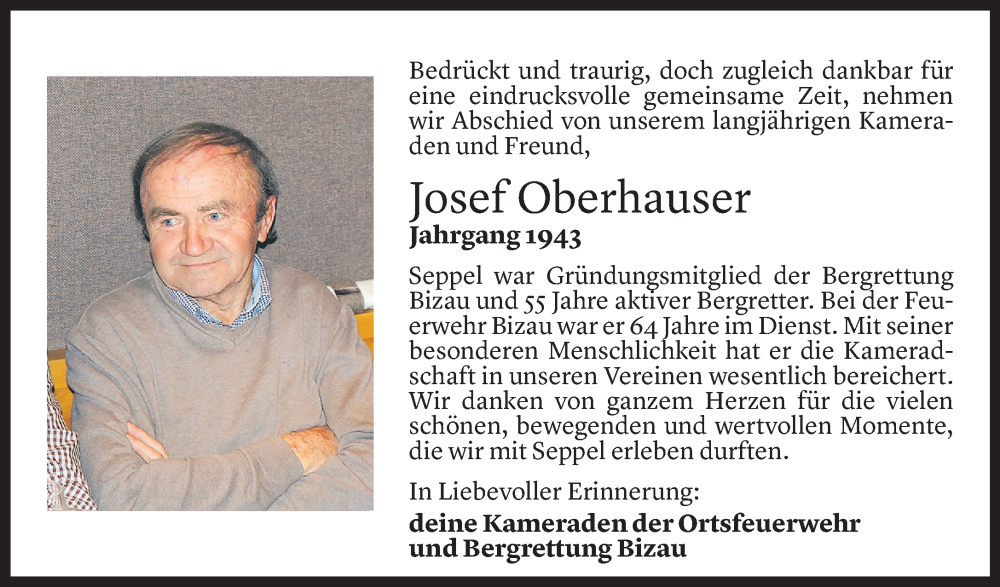  Todesanzeige für Josef Oberhauser vom 20.09.2022 aus Vorarlberger Nachrichten