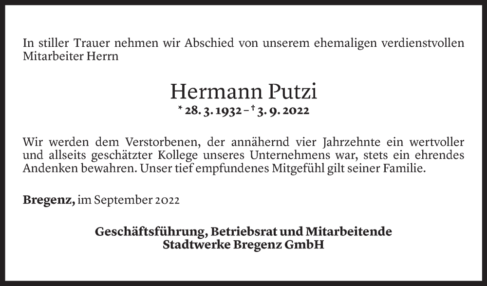  Todesanzeige für Hermann Putzi vom 07.09.2022 aus Vorarlberger Nachrichten