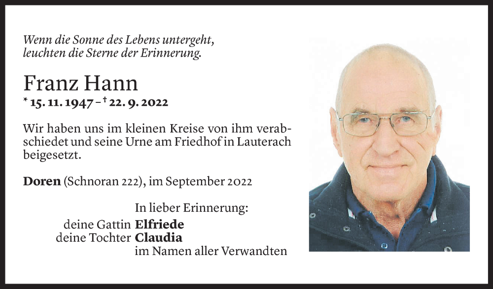  Todesanzeige für Franz Hann vom 29.09.2022 aus Vorarlberger Nachrichten