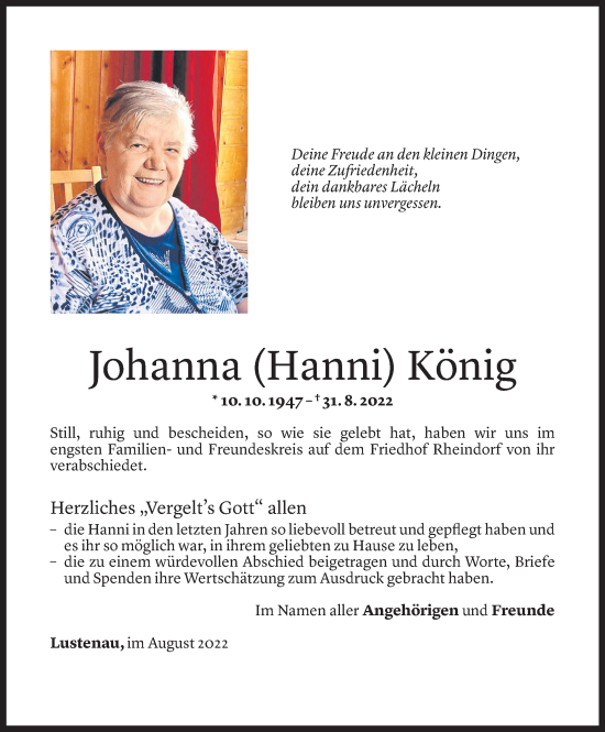 Todesanzeige von Johanna König von Vorarlberger Nachrichten
