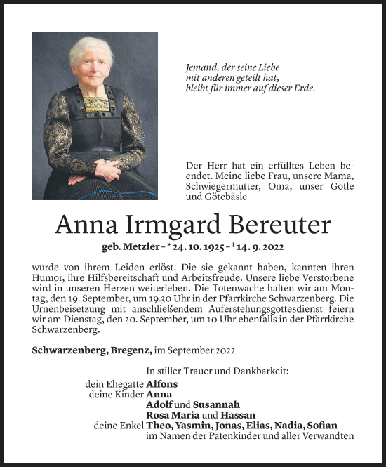 Todesanzeige von Anna Irmgard Bereuter von Vorarlberger Nachrichten