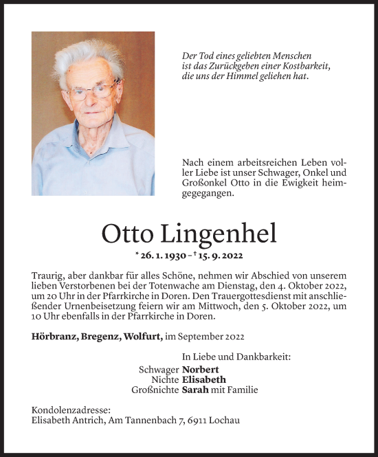 Todesanzeige von Otto Lingehel von Vorarlberger Nachrichten