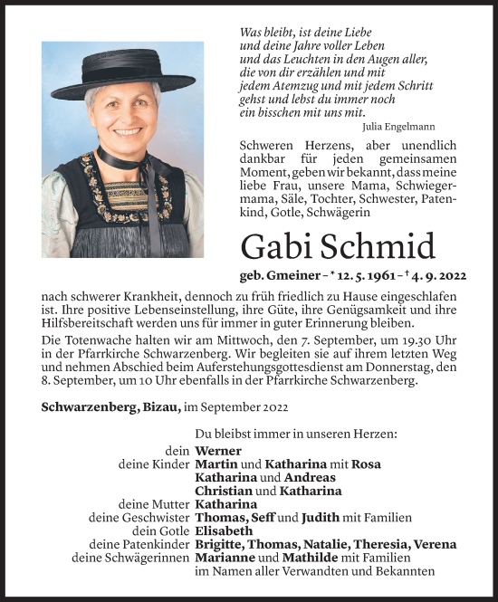 Todesanzeige von Gabi Schmid von Vorarlberger Nachrichten