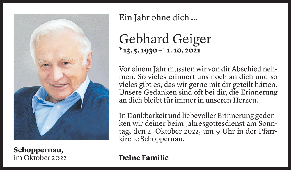 Todesanzeigen von Gebhard Geiger | Todesanzeigen Vorarlberger Nachrichten