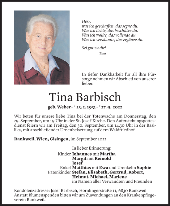 Todesanzeige von Tina Barbisch von Vorarlberger Nachrichten