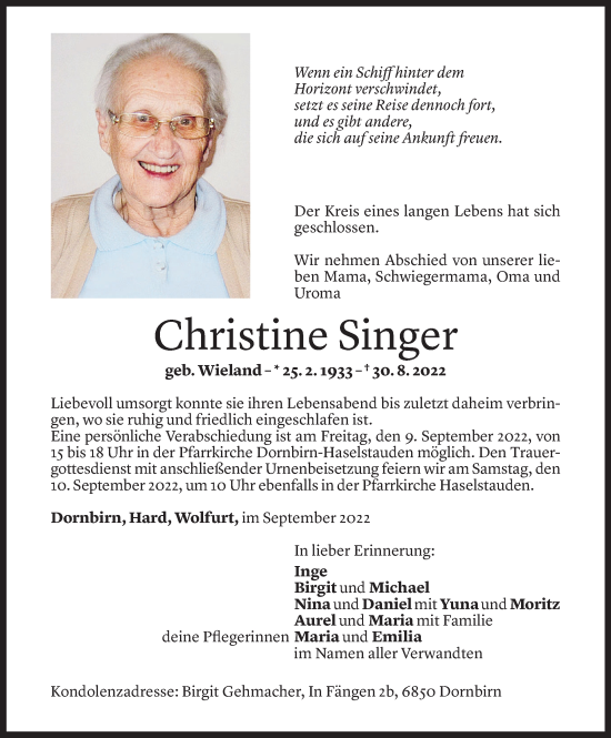 Todesanzeige von Christine Singer von Vorarlberger Nachrichten