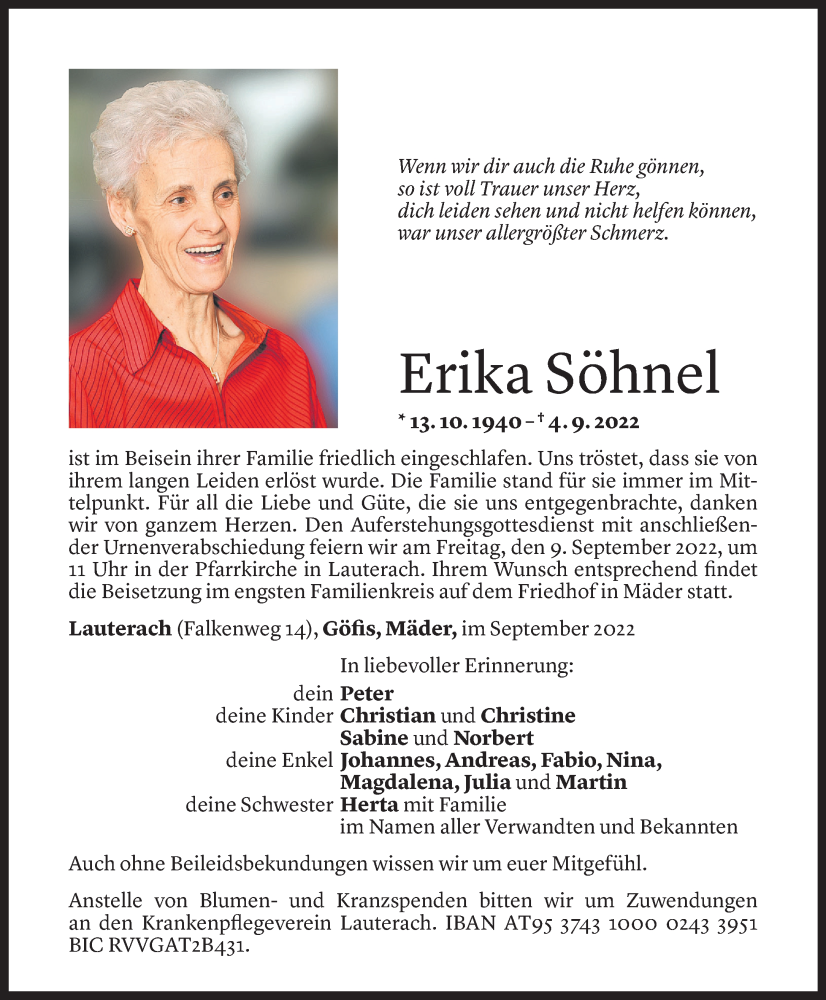  Todesanzeige für Erika Söhnel vom 07.09.2022 aus Vorarlberger Nachrichten
