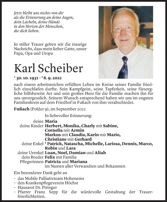 Todesanzeige von Karl Scheiber von Vorarlberger Nachrichten