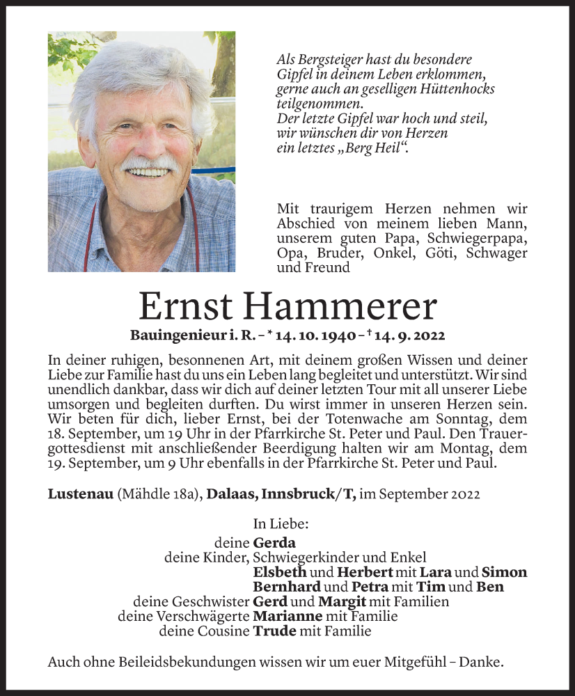  Todesanzeige für Ernst Hammerer vom 16.09.2022 aus Vorarlberger Nachrichten