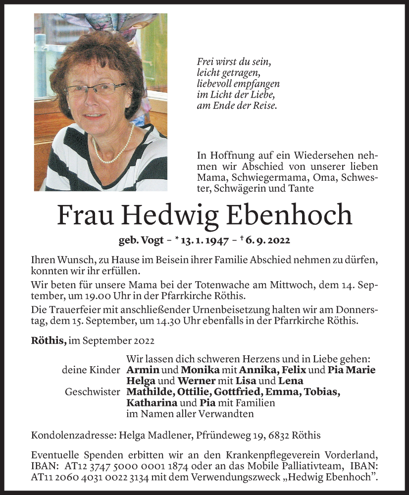  Todesanzeige für Hedwig Ebenhoch vom 10.09.2022 aus Vorarlberger Nachrichten