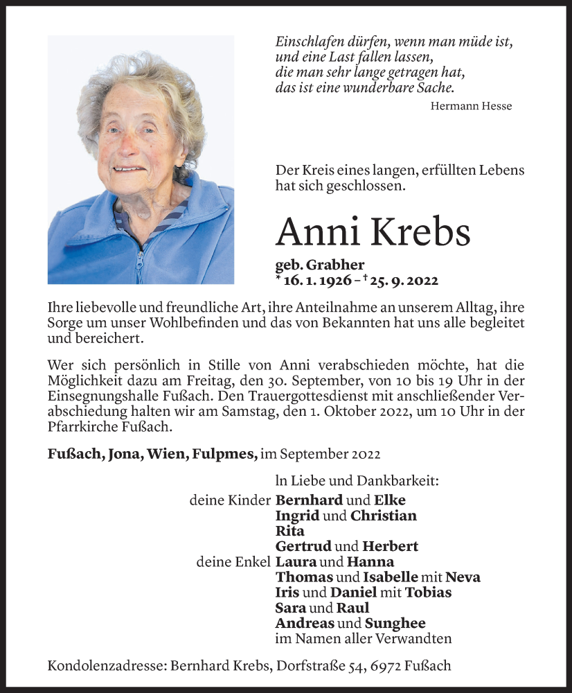  Todesanzeige für Anni Krebs vom 27.09.2022 aus Vorarlberger Nachrichten