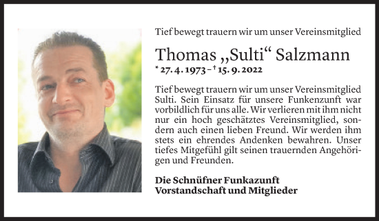 Todesanzeige von Thomas Salzmann von Vorarlberger Nachrichten