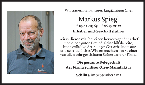 Todesanzeige von Markus Spiegl von Vorarlberger Nachrichten
