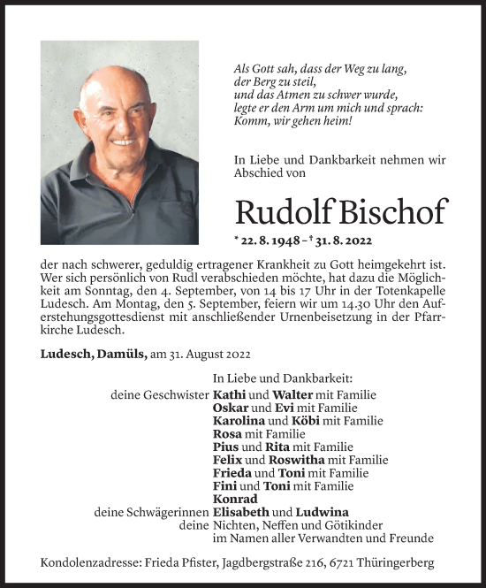 Todesanzeige von Rudolf Bischof von Vorarlberger Nachrichten