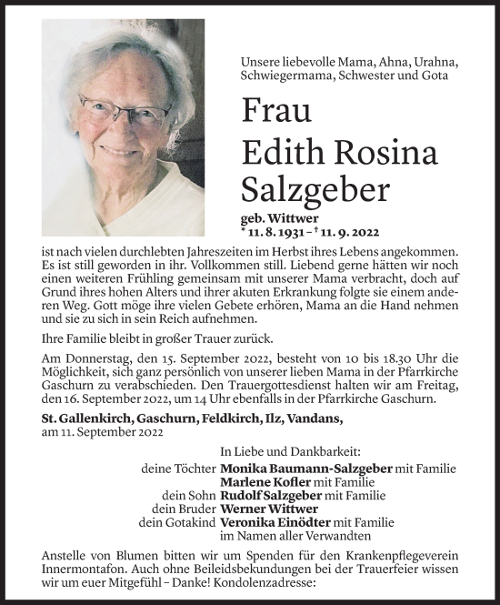 Todesanzeige von Edith Rosina Salzgeber von Vorarlberger Nachrichten