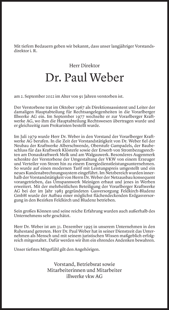 Todesanzeige von Paul Weber von Vorarlberger Nachrichten
