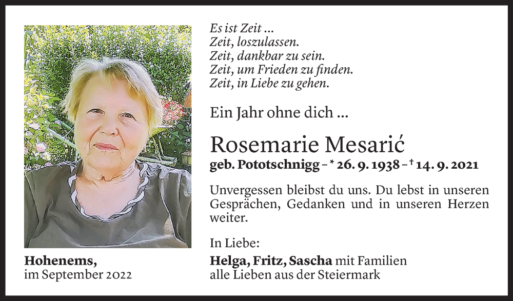 Todesanzeigen von Rosemarie Mesaric | Todesanzeigen Vorarlberger ...