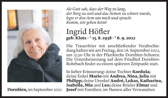 Todesanzeige von Ingrid Höfler von Vorarlberger Nachrichten