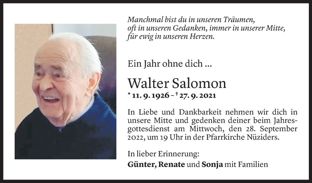  Todesanzeige für Walter Salomon vom 24.09.2022 aus Vorarlberger Nachrichten