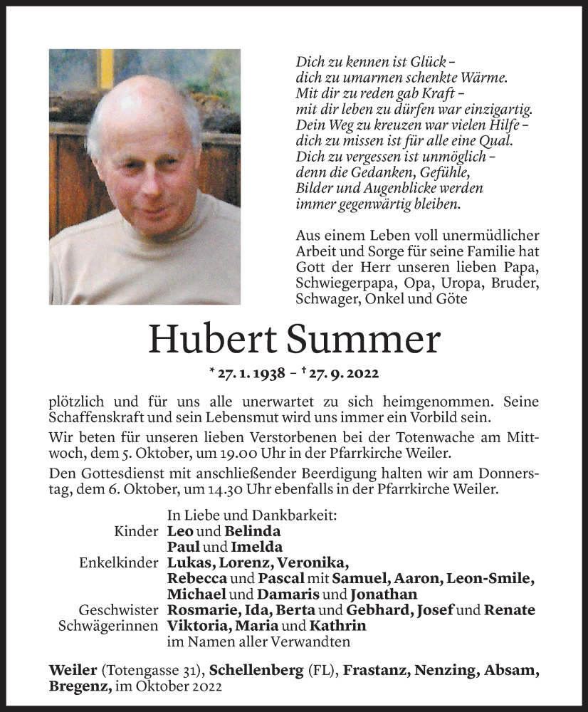  Todesanzeige für Hubert Summer vom 01.10.2022 aus Vorarlberger Nachrichten