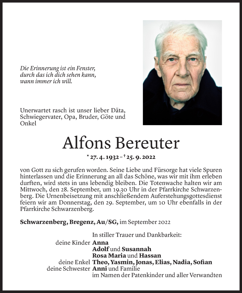  Todesanzeige für Alfons Bereuter vom 26.09.2022 aus Vorarlberger Nachrichten