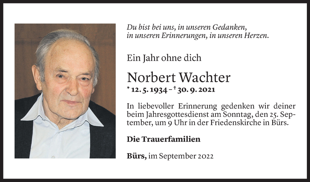  Todesanzeige für Norbert Wachter vom 22.09.2022 aus Vorarlberger Nachrichten