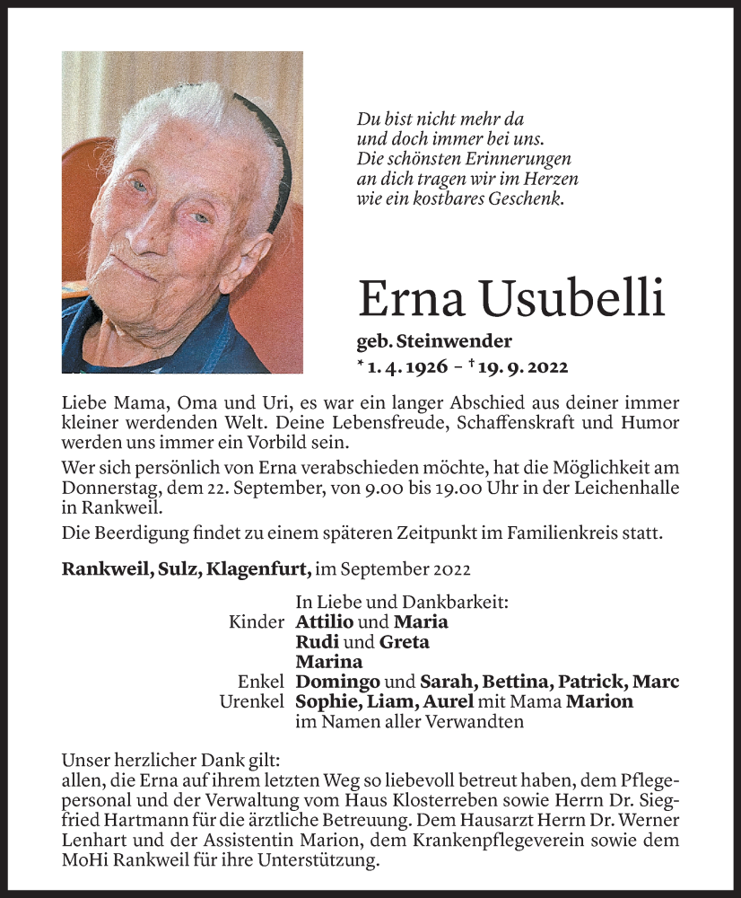  Todesanzeige für Erna Usubelli vom 21.09.2022 aus Vorarlberger Nachrichten