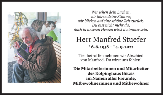 Todesanzeige von Manfred Stuefer von Vorarlberger Nachrichten