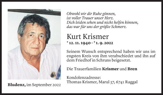 Todesanzeige von Kurt Krismer von Vorarlberger Nachrichten