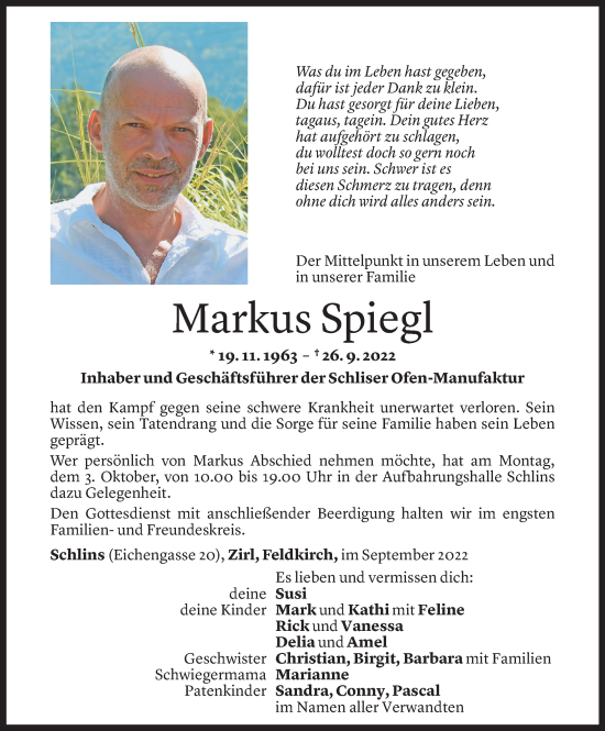 Todesanzeige von Markus Spiegl von Vorarlberger Nachrichten