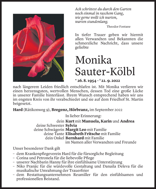 Todesanzeige von Monika Sauter von Vorarlberger Nachrichten