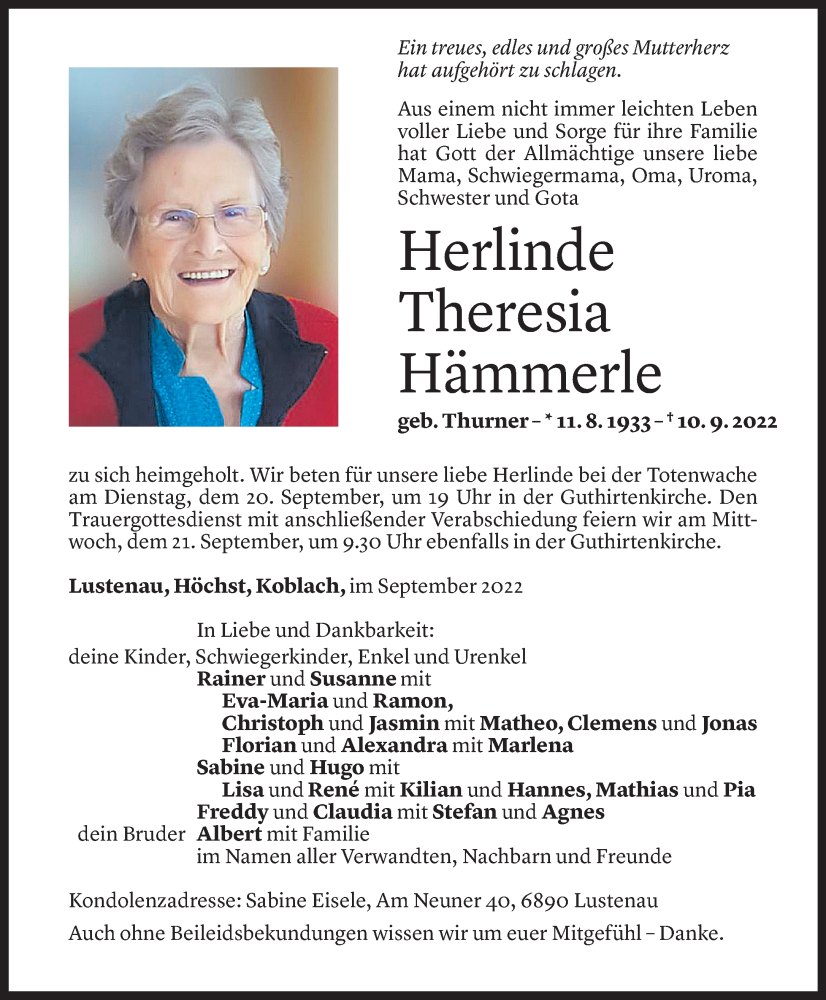  Todesanzeige für Herlinde Theresia Hämmerle vom 17.09.2022 aus Vorarlberger Nachrichten