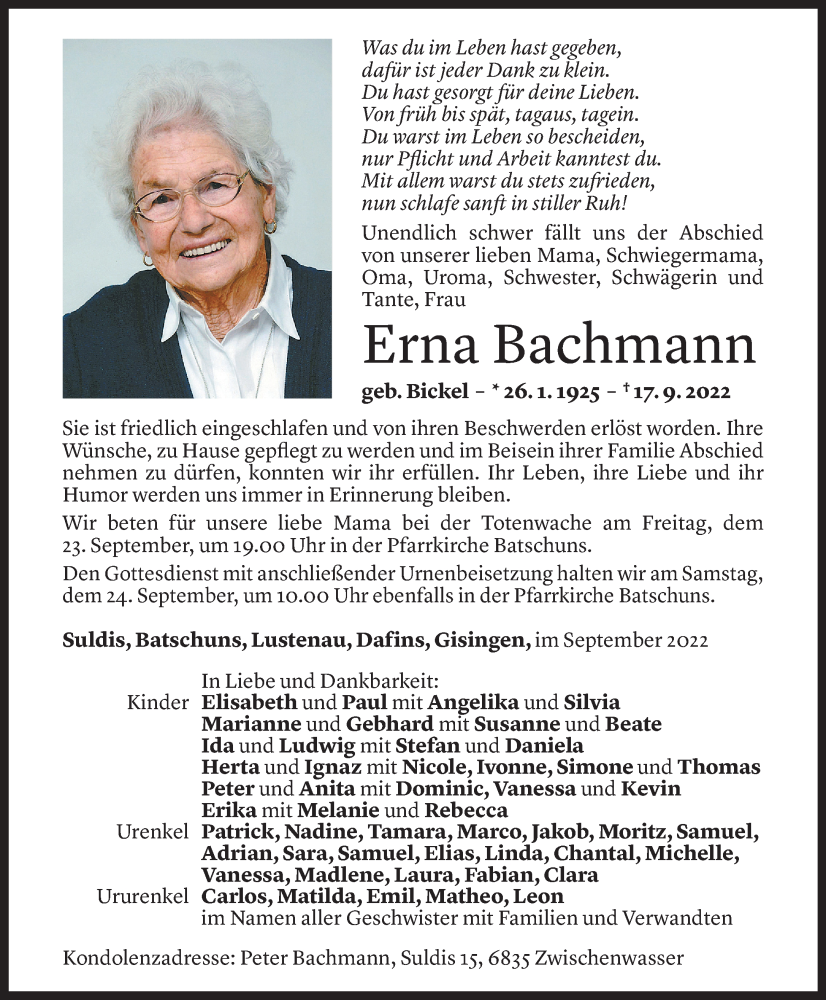  Todesanzeige für Erna Bachmann vom 21.09.2022 aus Vorarlberger Nachrichten