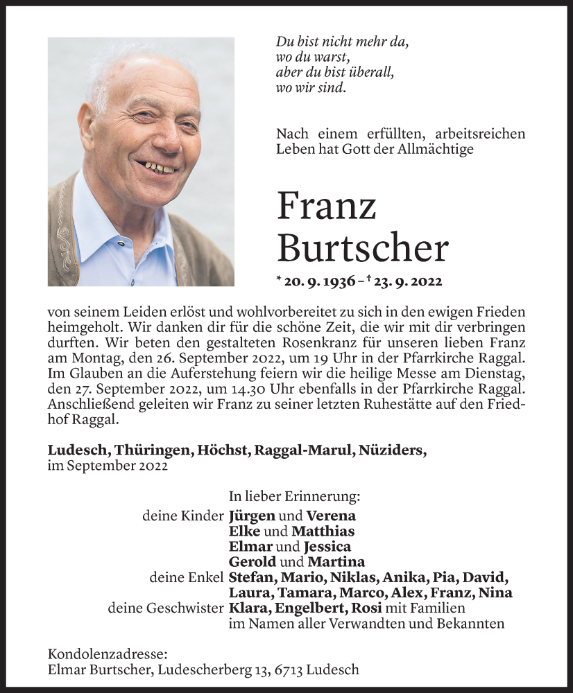  Todesanzeige für Franz Burtscher vom 24.09.2022 aus Vorarlberger Nachrichten