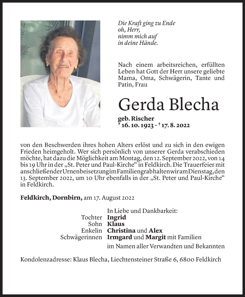  Todesanzeige für Gerda Blecha vom 10.09.2022 aus Vorarlberger Nachrichten