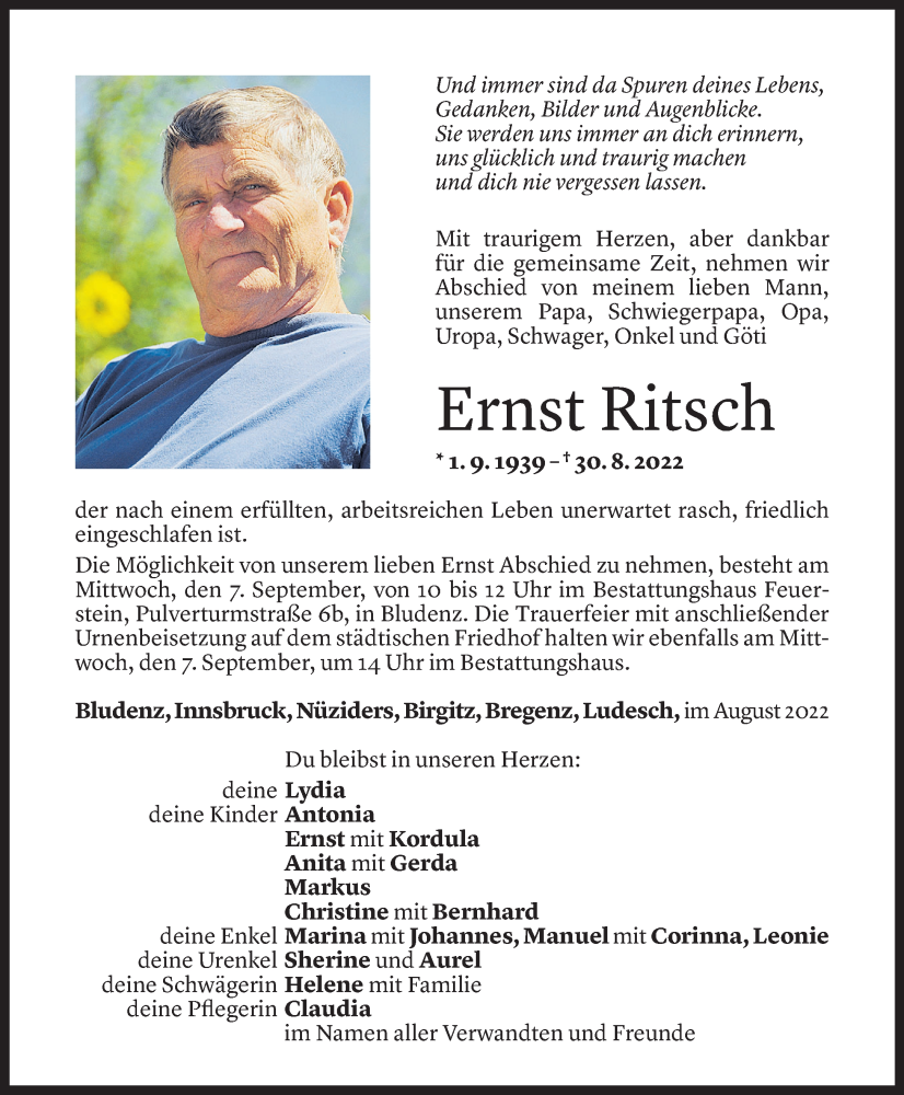  Todesanzeige für Ernst Ritsch vom 03.09.2022 aus Vorarlberger Nachrichten