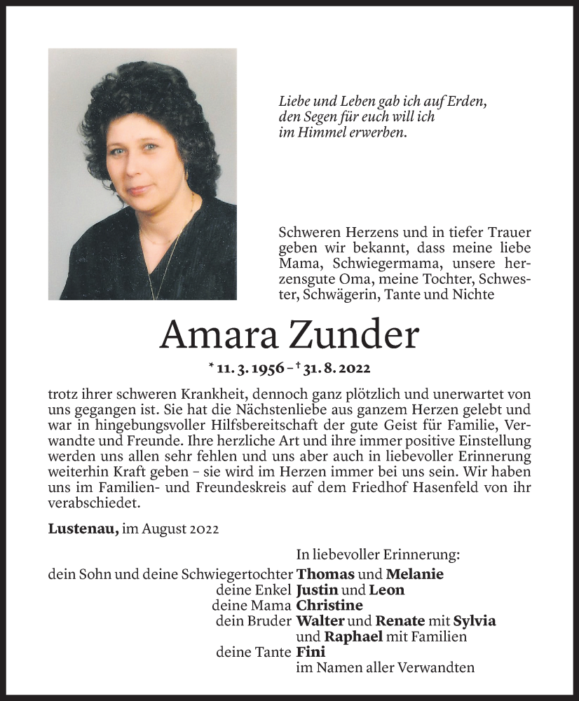  Todesanzeige für Amara Zunder vom 09.09.2022 aus Vorarlberger Nachrichten